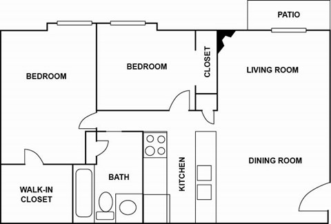Floor plan for 2 beds, 1 bath, 804 sqft